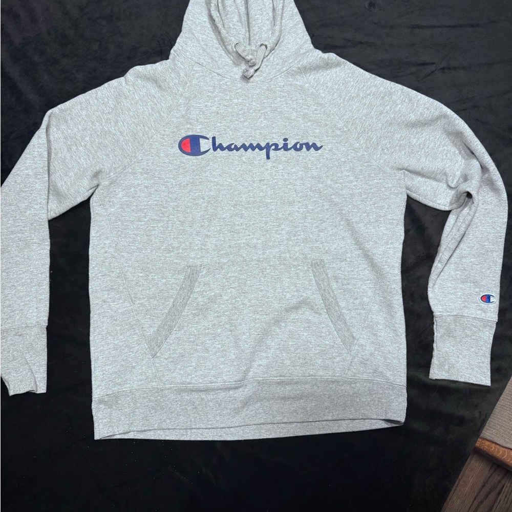 Champion Light Heather Gray Pullover with Navy Logo
